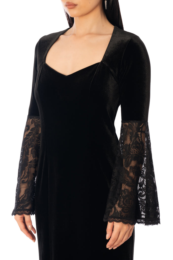 BlackMilk Velvet and Lace Morticia Dress – black velvet gothic Halloween dress with lace bell sleeves, part of the BlackMilk Clothing Halloween collection