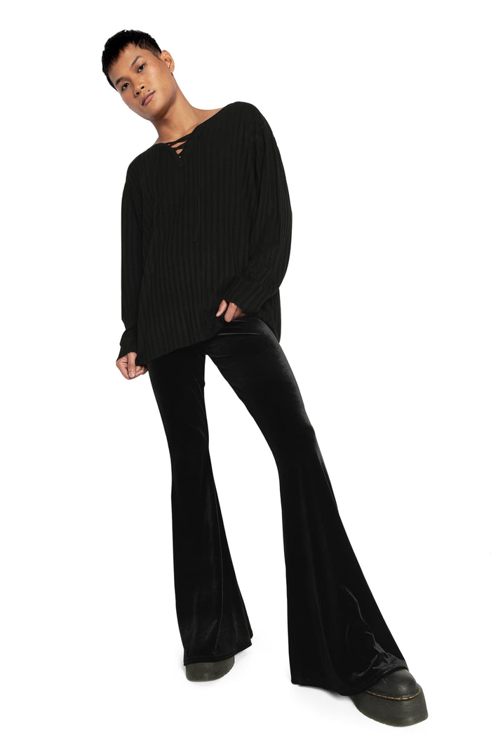 BlackMilk Clothing - Black Velvet High Waisted Flare Pants