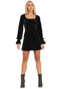 BlackMilk Clothing - Velvet Black Squared Up Bishop A Line Dress