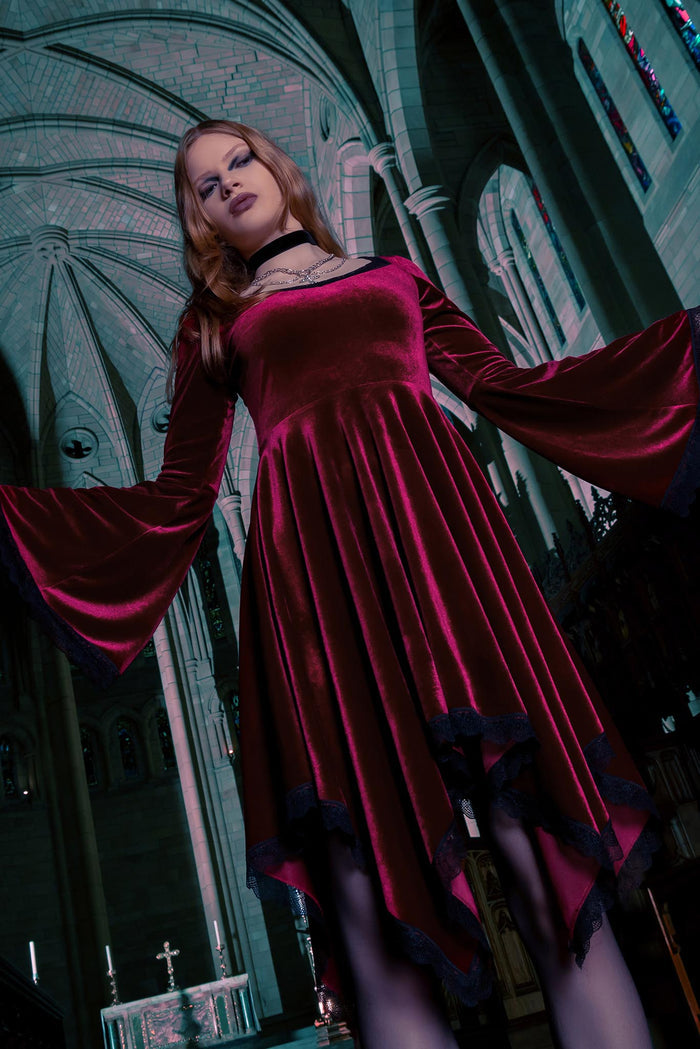 BlackMilk Clothing - Velvet Wine Spectre Waterfall Dress
