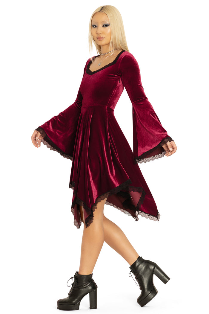 BlackMilk Clothing - Velvet Wine Spectre Waterfall Dress