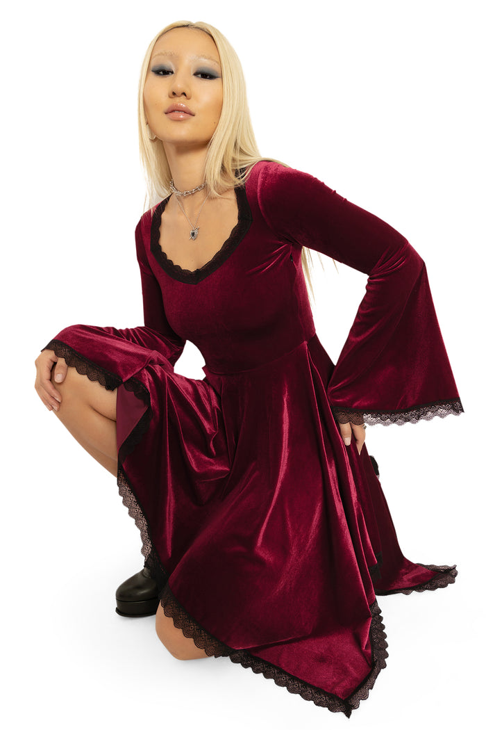 BlackMilk Clothing - Velvet Wine Spectre Waterfall Dress