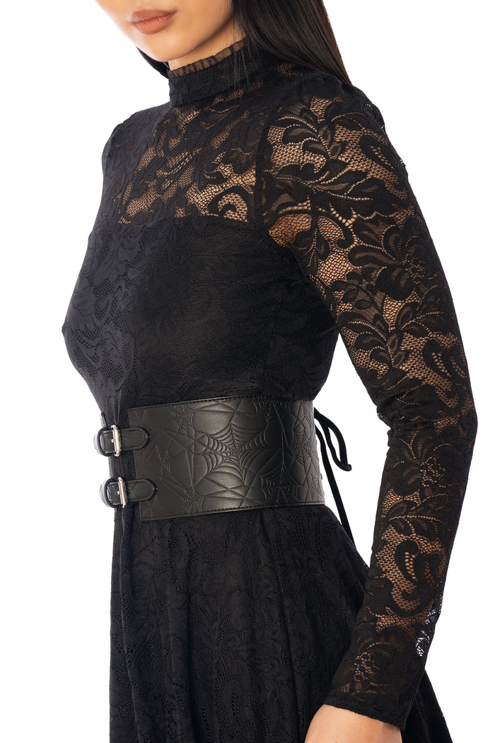 BlackMilk Waist Weaver Tie It Up Corset Belt – black embossed spiderweb vegan leather Halloween corset belt, part of the BlackMilk Clothing Halloween collection