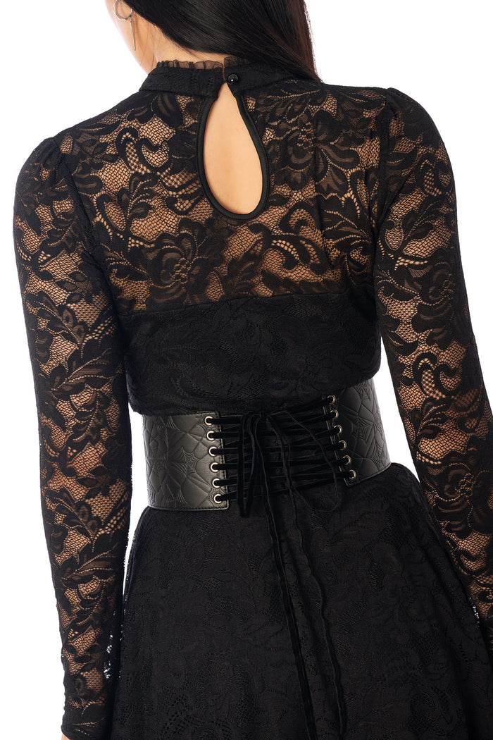 BlackMilk Waist Weaver Tie It Up Corset Belt – black embossed spiderweb vegan leather Halloween corset belt, part of the BlackMilk Clothing Halloween collection