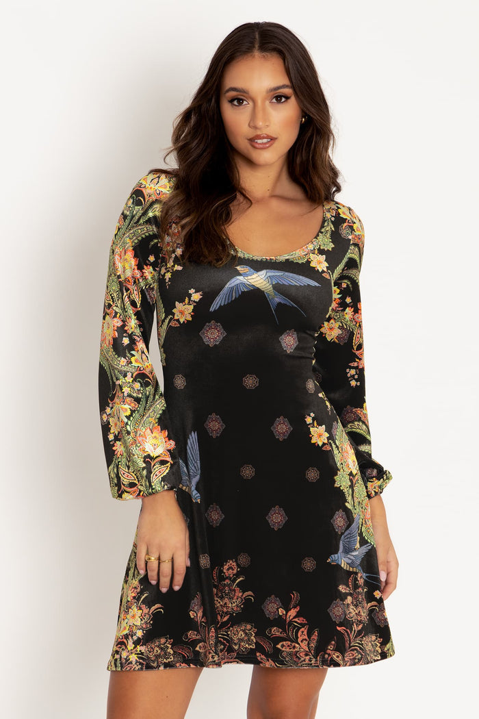 Waiting In The Wings Velvet Scoop Bishop Longline Dress featuring luxurious stretch velvet, a flattering scoop neckline and dramatic bishop sleeves, perfect for special occasions, evening wear and elegant everyday styling.