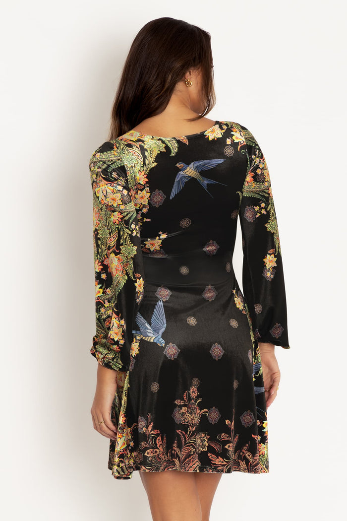 Velvet longline dress with scoop neckline and bishop sleeves, designed for effortless sophistication across weddings, dinners, parties and elevated day-to-night outfits.