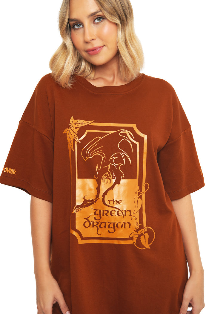 Back view of the BlackMilk Lord of the Rings What About Elevenses? Big Tee, showing the relaxed oversized fit in rust brown cotton.