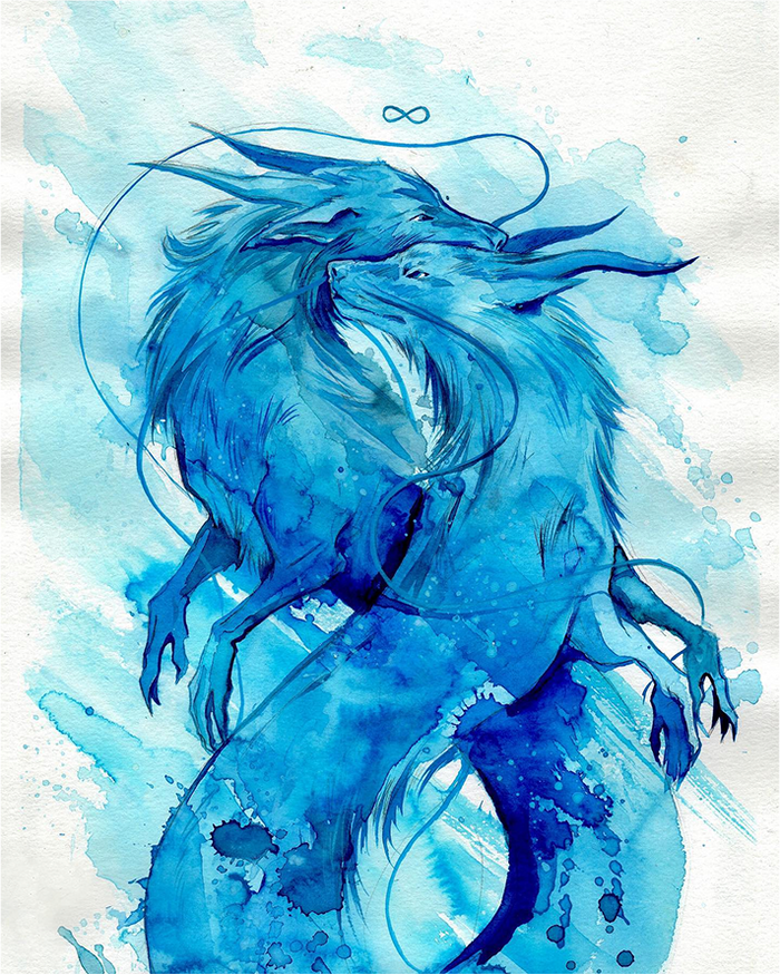 Blue watercolor illustration of a dragon on a light blue background