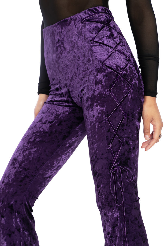 BlackMilk Clothing - Wiccan Crushed Velvet Lace Side Flare Pants