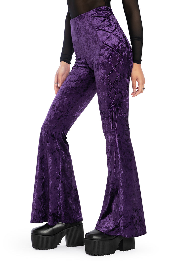 BlackMilk Clothing - Wiccan Crushed Velvet Lace Side Flare Pants