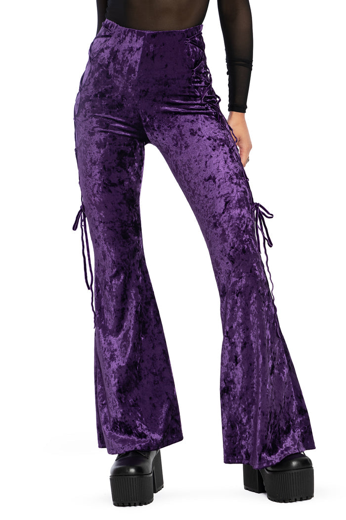 BlackMilk Clothing - Wiccan Crushed Velvet Lace Side Flare Pants