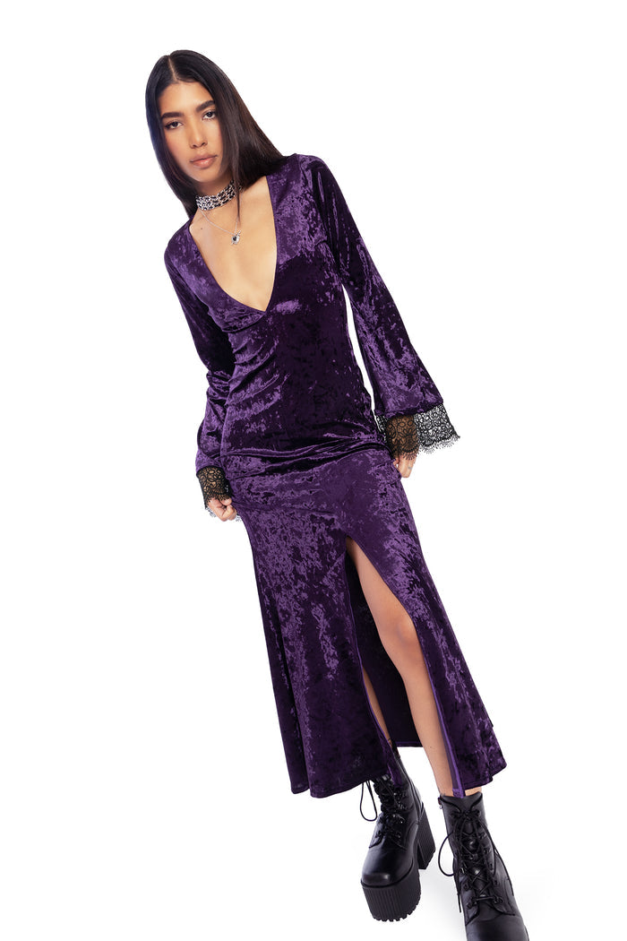 BlackMilk Clothing - Wiccan Crushed Velvet Split  Maxi Dress
