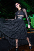BlackMilk Widow's Weave Tulle Midi Skirt – black spiderweb lace tulle Halloween midi skirt, part of the BlackMilk Clothing Halloween collection