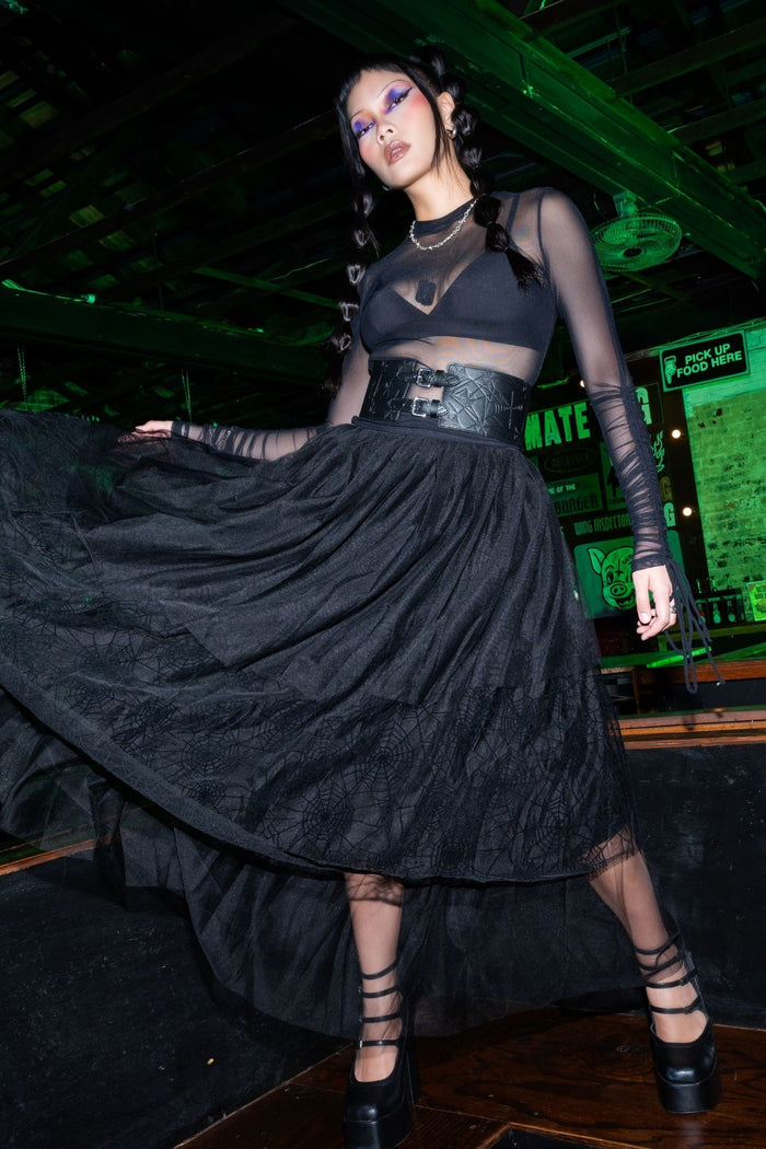 BlackMilk Widow's Weave Tulle Midi Skirt – black spiderweb lace tulle Halloween midi skirt, part of the BlackMilk Clothing Halloween collection