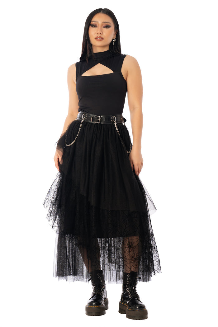 BlackMilk Widow's Weave Tulle Midi Skirt – black spiderweb lace tulle Halloween midi skirt, part of the BlackMilk Clothing Halloween collection