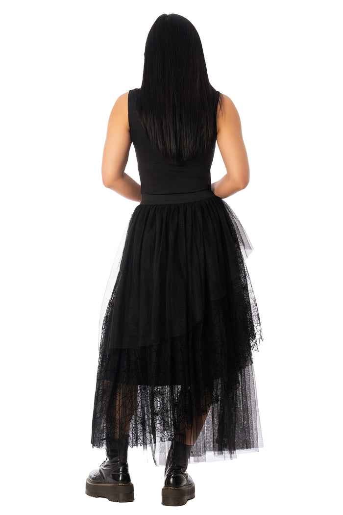 BlackMilk Widow's Weave Tulle Midi Skirt – black spiderweb lace tulle Halloween midi skirt, part of the BlackMilk Clothing Halloween collection