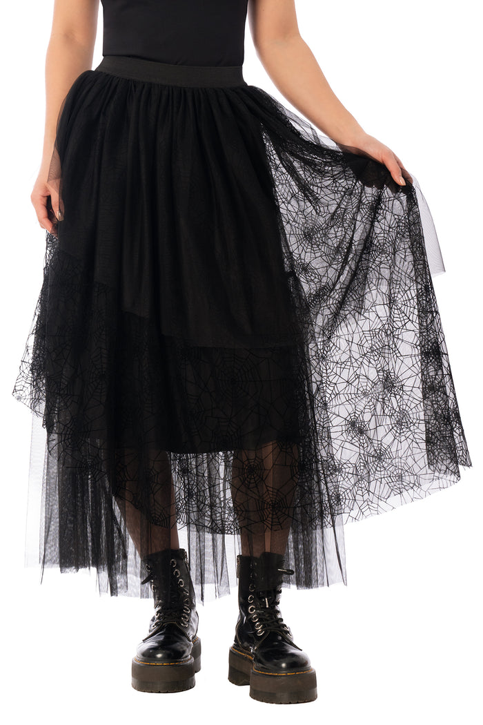 BlackMilk Widow's Weave Tulle Midi Skirt – black spiderweb lace tulle Halloween midi skirt, part of the BlackMilk Clothing Halloween collection