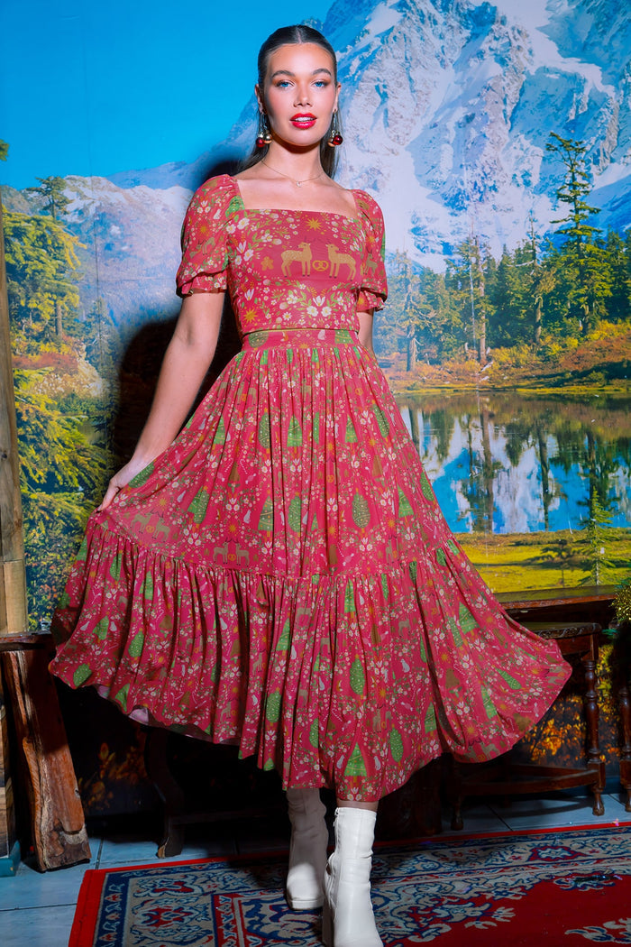 BlackMilk Clothing - Christmas Collection - Wreck The Halls - Wild Christmas Prairie Top Sheer Two Tier Midaxi Skirt