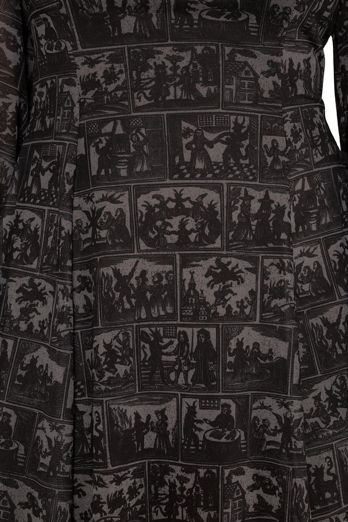 gothic mesh mini dress with comic-inspired witch artwork, sheer bishop sleeves and a romantic skater silhouette. This fantasy witch dress captures dark fairycore and alternative goth fashion with dramatic flowing details and occult inspired prints.