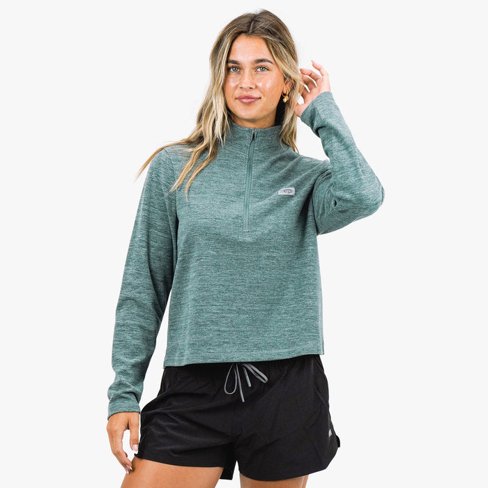 Dark Sea Heather, Steel Heather $Model is 5' 7" Size M$