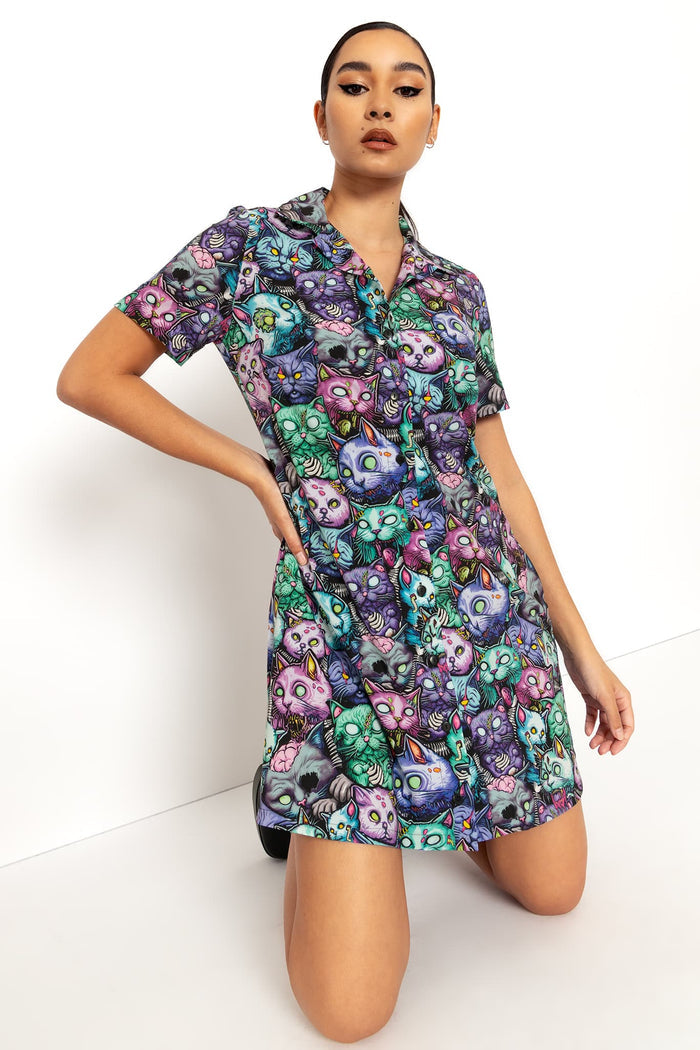 Zombie Catpocalypse Short Sleeve Shirt Dress
